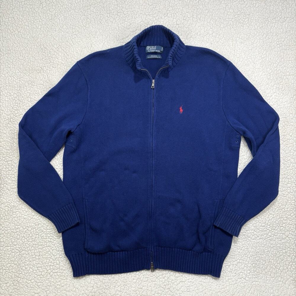 Vtg Polo Ralph Lauren Mens XLT Navy Full Zip Cotton Mock Neck Sweater Red Pony